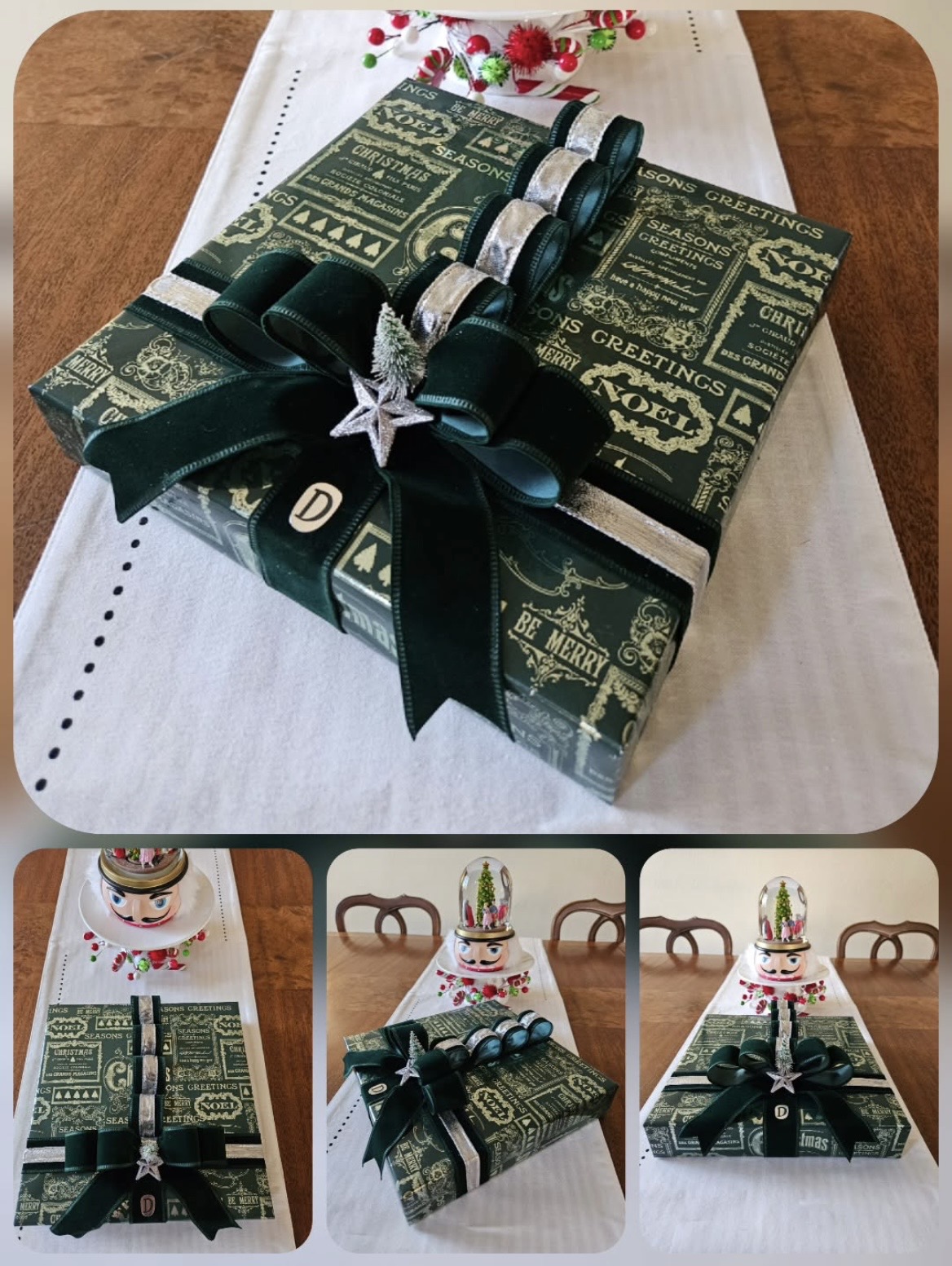 Elegant holiday gift wrapping with green velvet bow and silver star