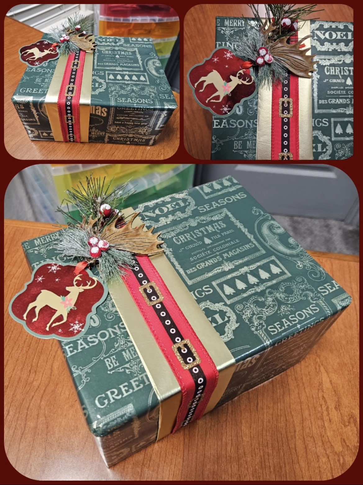 Festive holiday wrapping with gold and red ribbons, reindeer tag and pine accents