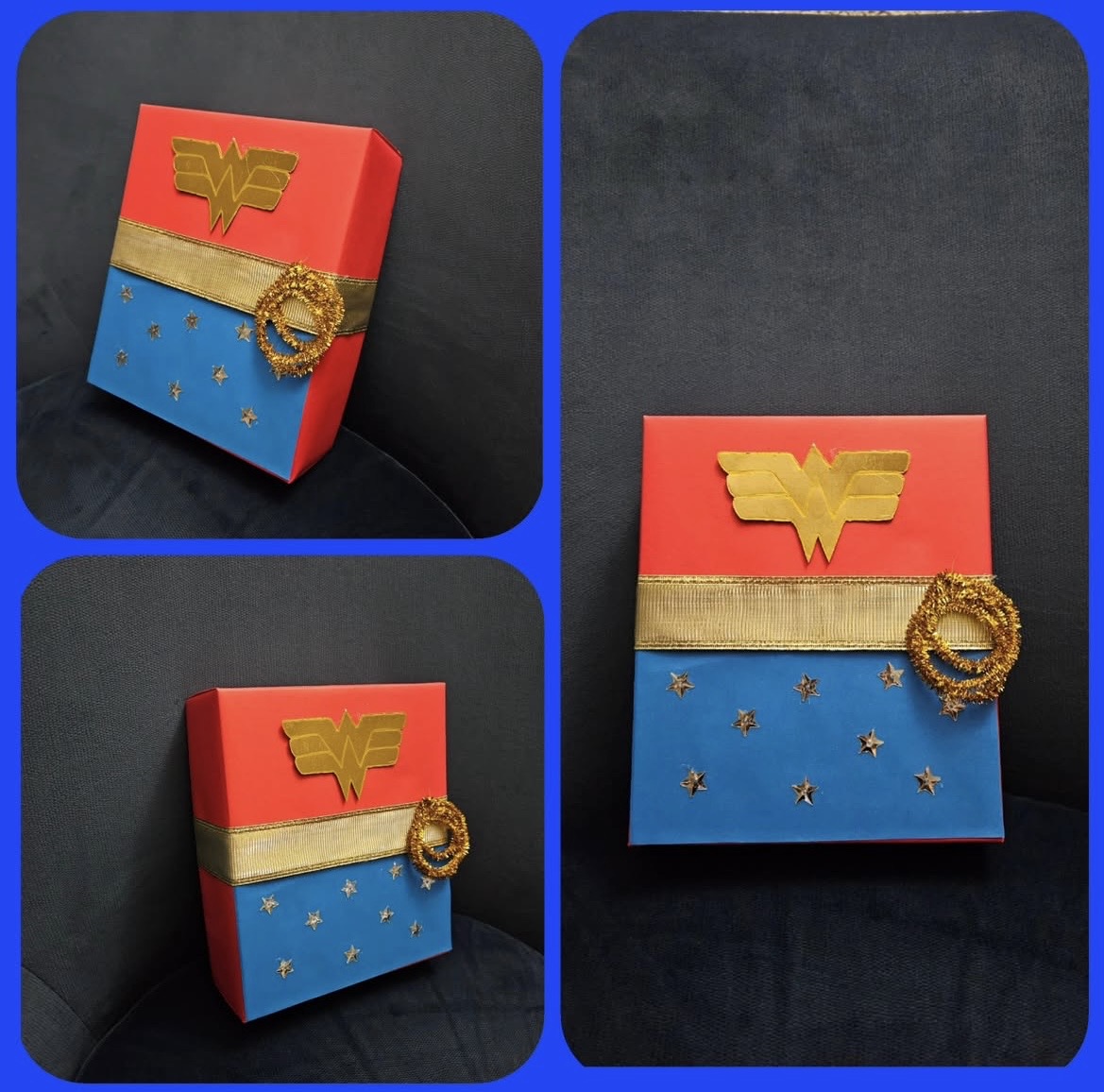 Wonder Woman themed gift wrapping with red, blue, gold emblem and stars